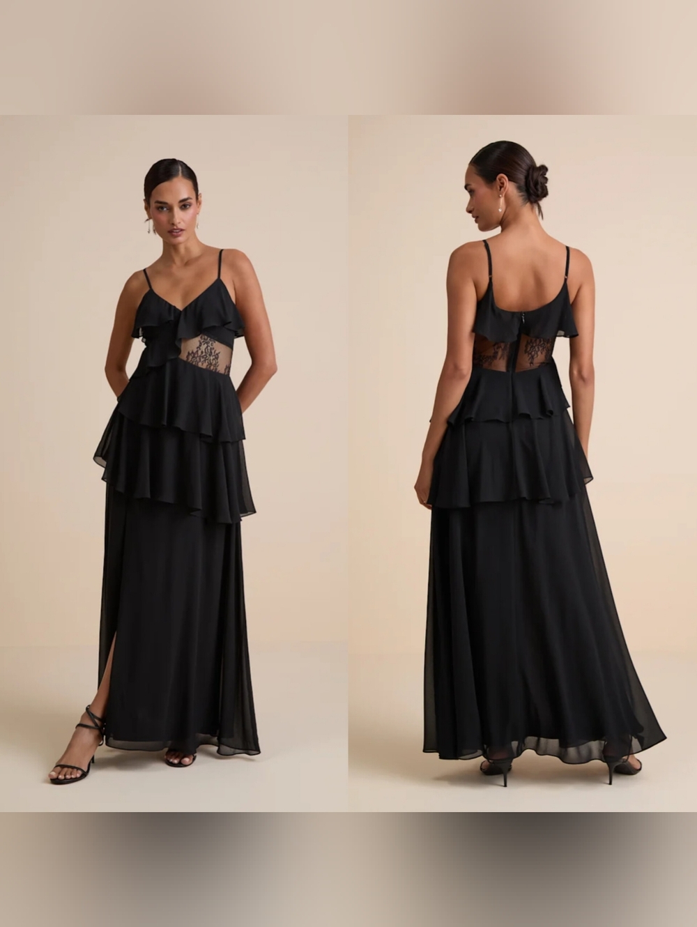 Lulu's Black Tiered Ruffle Maxi Dress with Lace Insets - Size S